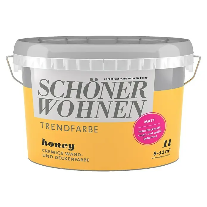 SCHÖNER WOHNEN-Farbe Wandfarbe Trendfarbe - Honey, Matt, 1 l, Konservierungsmittelfrei - Eimer Schöner Wohnen Trendfarbe Honey, cremige Wand- und Deckenfarbe mit hoher Deckkraft und spritzgehemmt, Inhalt 1 l, für 8-12 m².