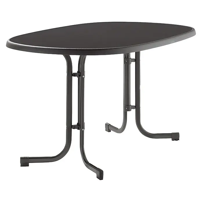 Sieger Gartentisch - L x B x H: 140 x 90 x 72 cm, Stahl, Mecalit, Oval, Anthrazit/Eisengrau - Abbildung eines schwarzen, ovalen Tisches mit Metallgestell. Der Tisch ist freistehend und hat eine glatte Oberfläche.