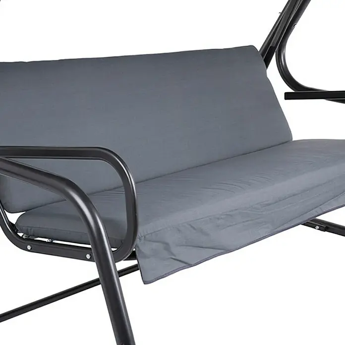 H.G. Hollywoodschaukel Parma - L x B x H: 209 x 132 x 171 cm, Anthrazit, Max. Personenzahl: 4 - Nahaufnahme einer stilvollen grauen Gartenschaukel mit bequemen Polstern und einem robusten, schwarzen Metallrahmen.