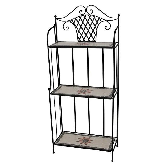 Siena Garden Stella Regal - 62 x 29 x 143 cm - Abbildung eines dreistufigen, schwarzen Metallregals mit Mosaikfliesenregalen und dekorativen Schnörkeln.
