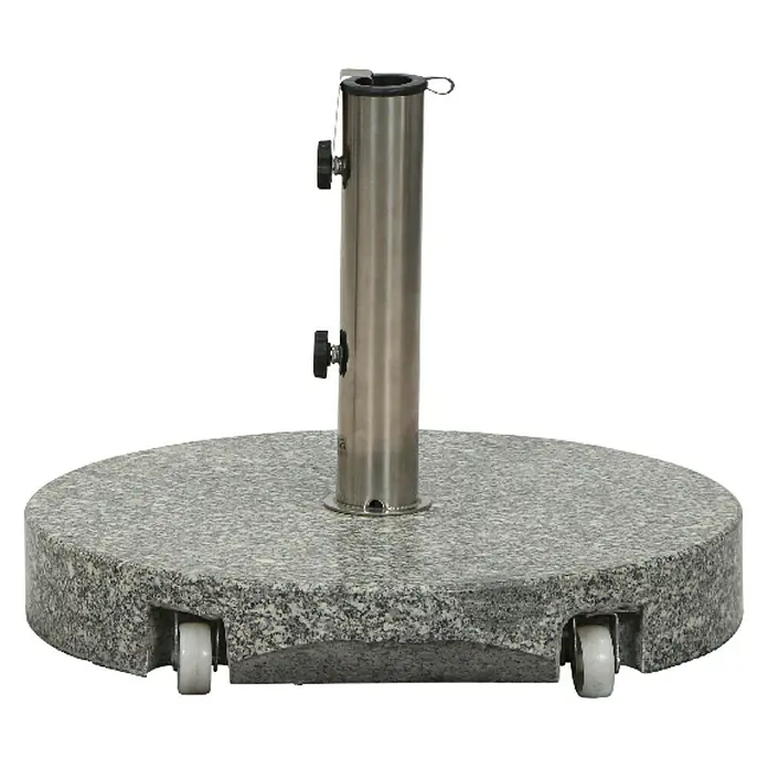 Siena Garden Granitschirmständer - Grau, 40 kg - Ein runder, grauer Sonnenschirmständer aus Stein mit Rollen und einer Metallhalterung für den Schirm.