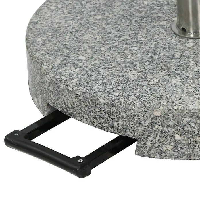 Siena Garden Granitschirmständer - Grau, 40 kg - Nahaufnahme einer runden Sonnenschirmbasis aus grauem Granit mit schwarzem Griff.