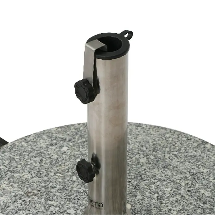 Siena Garden Granitschirmständer - Grau, 40 kg - Nahaufnahme eines Sonnenschirmständers aus Edelstahl mit Granitbasis und zwei schwarzen Feststellschrauben.
