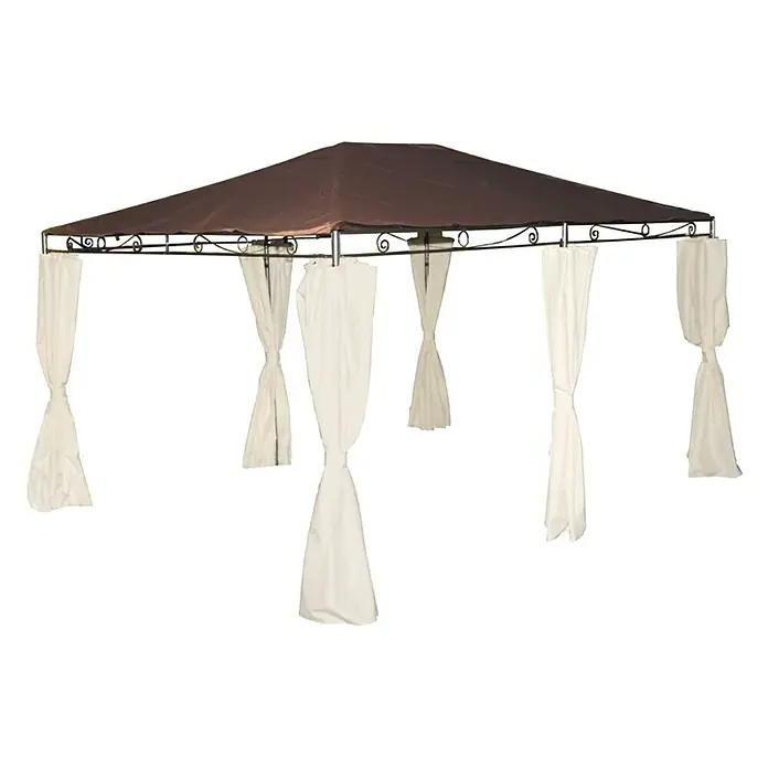 Siena Garden Ersatzdach Tosca - Passend für: Siena Garden Pavillon Tosca - Ein elegantes Gartenpavillon mit braunem Dach und weißen Vorhängen, das eine stilvolle Ergänzung für jeden Außenbereich darstellt.
