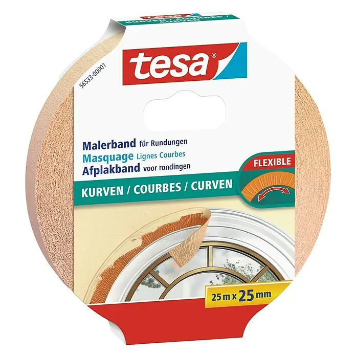 Tesa Malerband für Rundungen - 25 m x 25 mm - Abdeckband von Tesa für präzise Malerarbeiten an runden Formen. Flexibel, 25m x 25mm, ideal zum Abkleben von Kurven.