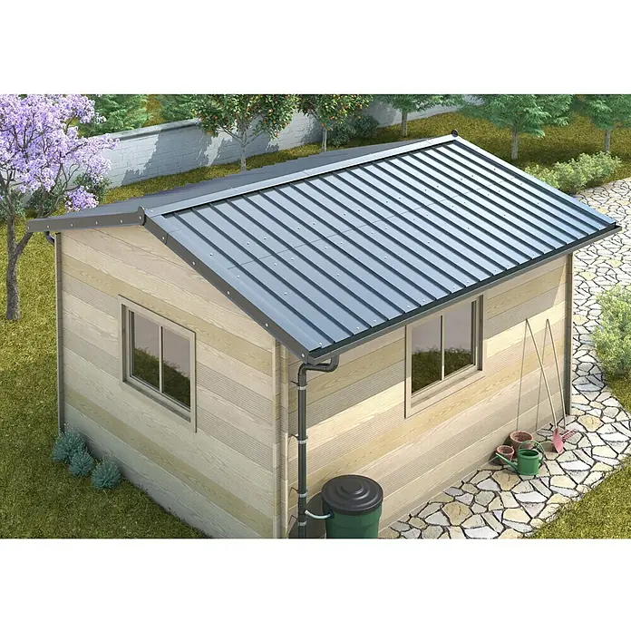 Sarei Piccolo Dachblech Fassadenblech - 118 cm x 58,5 cm x 0,6 mm, Anthrazit - Ein modernes Gartenhaus mit grauem Metalldach und Holzverkleidung, umgeben von Grün. Die perfekte Ergänzung für jeden Garten.