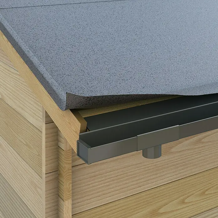 Sarei Piccolo Kastendachrinne - Nennweite: 70 mm, Länge: 200 cm, Metall, Anthrazit - Nahaufnahme einer Dachrinne, die an einem hölzernen Dach befestigt ist. Das graue Dachmaterial ist sichtbar.