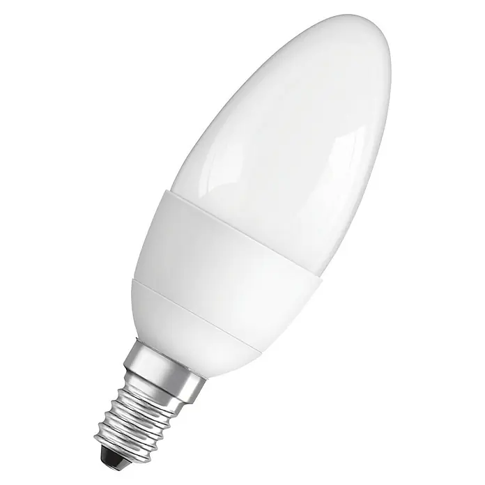 Osram LED-Lampen Set Kerzenform E14 matt - E14, Warmweiß, 470 lm, 5,3 W, 3 Stk. - Nahaufnahme einer LED-Lampe in Kerzenform mit E14-Sockel, ideal für stimmungsvolle Beleuchtung und Energieeffizienz.