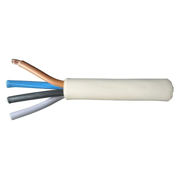 Mantelleitung Meterware NYM-O 4x16 mm² - Anzahl Adern: 4, 16 mm², Grau - Nahaufnahme eines flexiblen Elektrokabels mit mehreren farbigen Adern und einer weißen Ummantelung. Ideal für elektrische Installationen.
