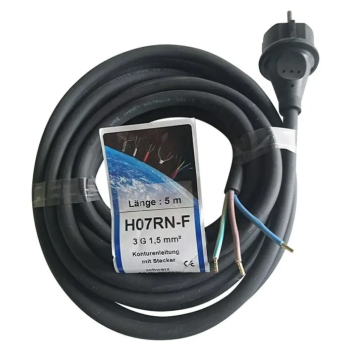 Konturenleitung H07RN-F 3G1,5 mm² - Anzahl Adern: 3, 5 m, Schwarz - Eine schwarze H07RN-F Gummileitung, 5 m lang, mit Stecker und freiliegenden Adern. Ideal für robuste Anwendungen im Innen- und Außenbereich.