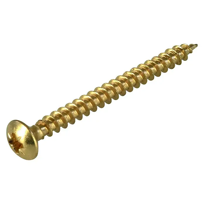 Spanplattenschraube - Ø x L: 3,5 x 25 mm, Vermessingt, 20 Stk., Linsenkopf, Kopf-Kreuzschlitz (Pozidriv) - Nahaufnahme einer einzelnen goldenen Holzschraube mit einem Kreuzschlitzkopf, die auf einem weißen Hintergrund liegt.
