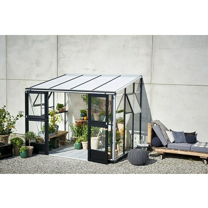 Juliana Gewächshaus Veranda (2,96 x 2,21 x 2,45 m, Sicherheitsglas, Glasstärke: 3 mm, Silber)