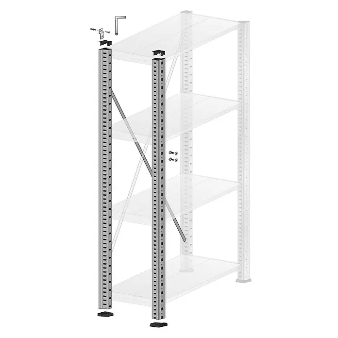 Scholz System Regalpfosten Anbauelement - Länge: 300 cm - Darstellung eines modularen Regalsystems mit verstellbaren Regalböden und robusten Stützen. Ideal für Lagerung und Organisation.