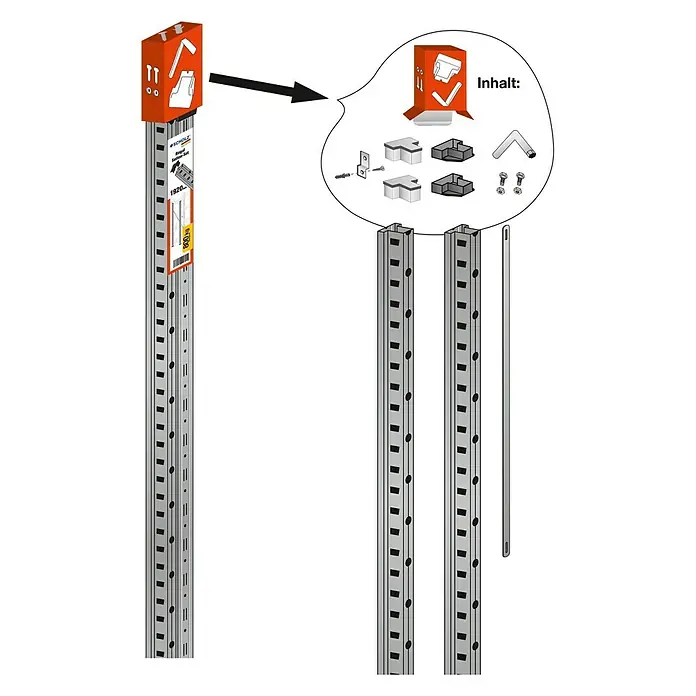 Scholz System Regalpfosten Anbauelement - Länge: 300 cm - Abbildung eines Regalsystems mit Zubehör, inklusive Regalleitern, Verbindungsstücken und Schrauben, zur flexiblen Gestaltung von Lagerraum.