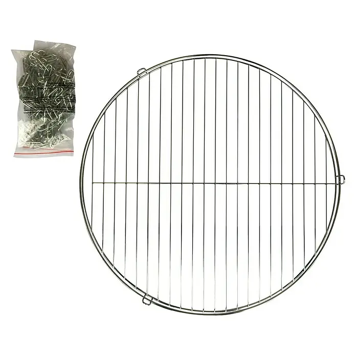 Grillstar Grillrost LouisianaDurchmesser: 46 cm - Abbildung eines runden Grillrosts aus Metall mit Zubehör in einer transparenten Tasche.