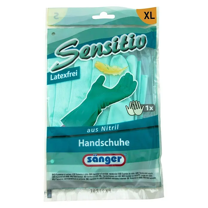 Sänger Haushaltshandschuhe Sensitiv - XL, Türkisgrün, Nitril - Bild einer Packung Sensitio Nitril-Handschuhe in XL, latexfrei und puderfrei für empfindliche Hände, ideal für Allergiker.