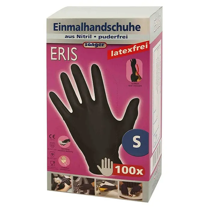 Sänger Einmalhandschuhe Eris - S, Schwarz, Nitril, 100 Stk. - Eine Packung schwarze ERIS Einmalhandschuhe aus Nitril, puderfrei und latexfrei, in Größe S, mit 100 Stück Inhalt.