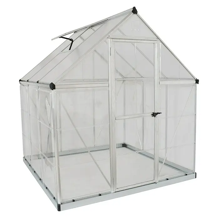 Palram – Canopia Gewächshaus Hybrid - Außenmaß inkl. Dachüberstand (B x T): 185 x 185 cm, 4 mm, Silber - Freistehendes Gewächshaus mit einer Tür und einem Oberlichtfenster für den Garten.