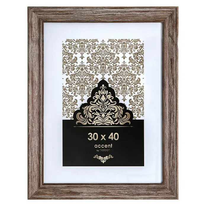 Accent Holzrahmen Vintage - 30 x 40 cm, Braun - Holzfarbener Bilderrahmen mit Dekormuster und der Aufschrift 30 x 40 Accent by Nielsen, perfekt für ein stilvolles Zuhause.