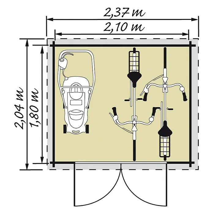 Kiehnholz Gartenhaus Espoo 477 - Außenmaß inkl. Dachüberstand (B x T): 232 x 214 cm, Holz, Natur - Bild eines Bauplans für einen Geräteschuppen mit Rasenmäher und Fahrrädern, mit eingezeichneten Abmessungen.