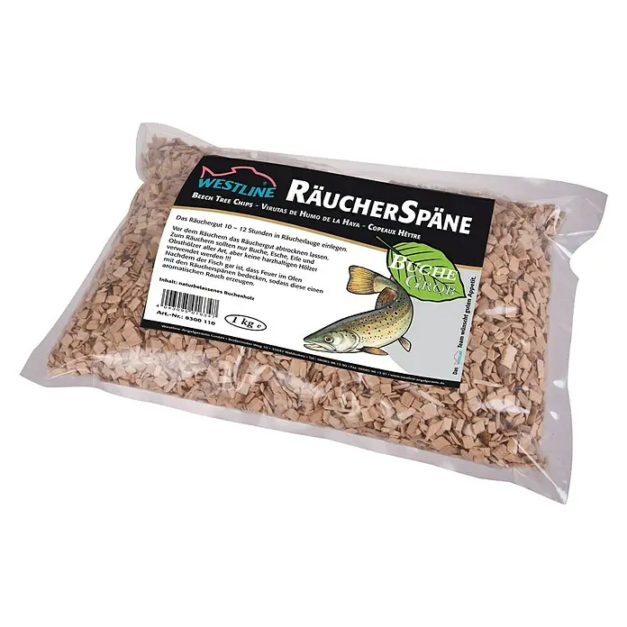 Westline Räucherspäne - 1 kg, Spezialbuchenholz, Grob - Produktfoto: Westline Räucherspäne, Buchenholz zum Räuchern von Fisch und Fleisch, für ein aromatisches Raucherlebnis.