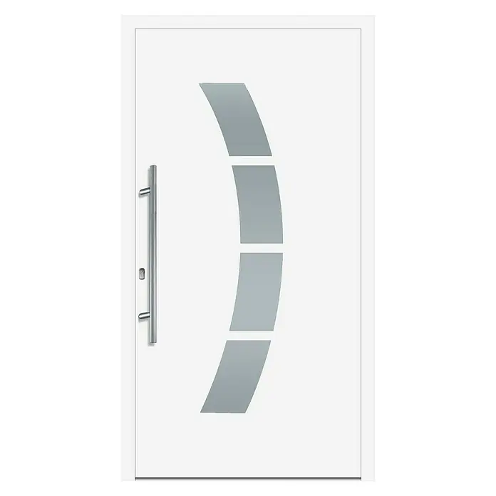 Solid Elements Haustür KA-107 - 110 x 210 cm, DIN Anschlag: Links - Weiße Haustür mit modernem Design und silbernem Griff. Die Glastür hat einen dekorativen, gebogenen Einsatz.