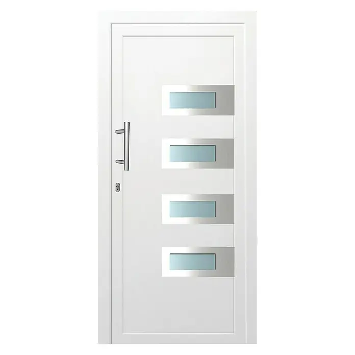 Solid Elements Haustür KF-303 - 110 x 210 cm, DIN Anschlag: Links, Weiß - Weiße Eingangstür mit modernem Design, inklusive senkrechtem Griff und vier rechteckigen Glaseinsätzen, die für einen eleganten Look sorgen.