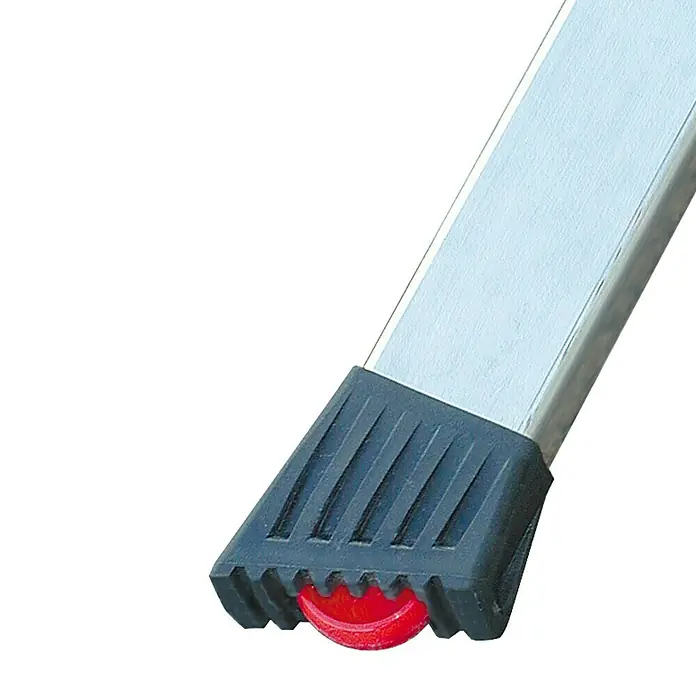 Krause Monto Klapptritt Rolly Alu - Anzahl Tritte: 4 Stk., Arbeitshöhe: 2,45 m, Belastbarkeit: 150 kg, Aluminium - Detailaufnahme eines Aluminium-Leiterfußes mit rotem Rad und schwarzem Gummischutz. Robust und sicher für den Einsatz.