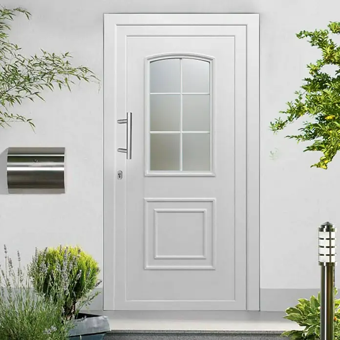 Solid Elements Haustür KT-02 - 100 x 210 cm, DIN Anschlag: Links, Weiß - Elegante weiße Haustür mit Glaseinsatz und stilvollem Design, perfekt für moderne Wohnhäuser. Diese Tür bietet sowohl Sicherheit als auch Ästhetik.