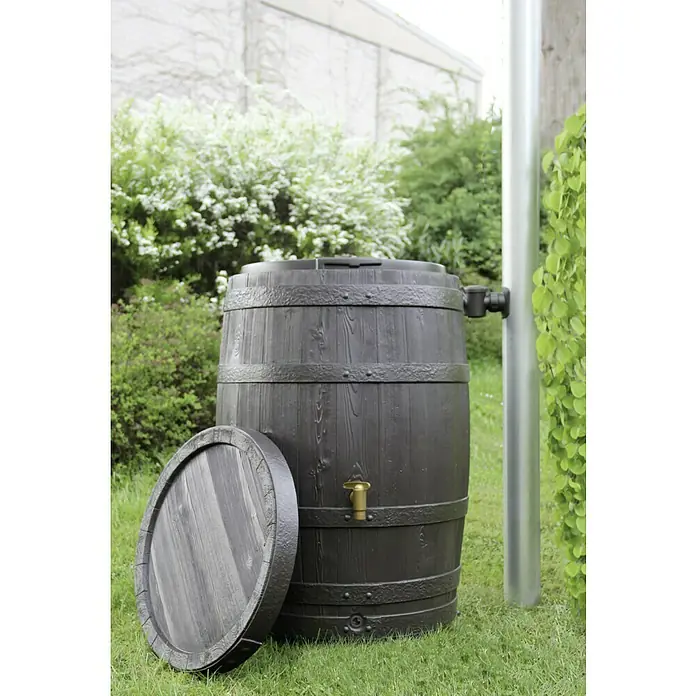 4rain Regenspeicher Vino - 250 l, Dunkelbraun - Regentonnenfass mit abnehmbarem Deckel und Wasserhahn im Garten.