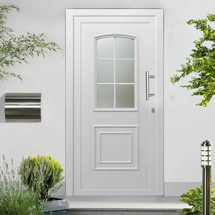 Solid Elements Haustür KT-02 - 100 x 210 cm, DIN Anschlag: Rechts, Weiß - Eine moderne, weiße Haustür mit Glaseinsatz und einem eleganten, geradlinigen Design, ideal für ein stilvolles Zuhause.