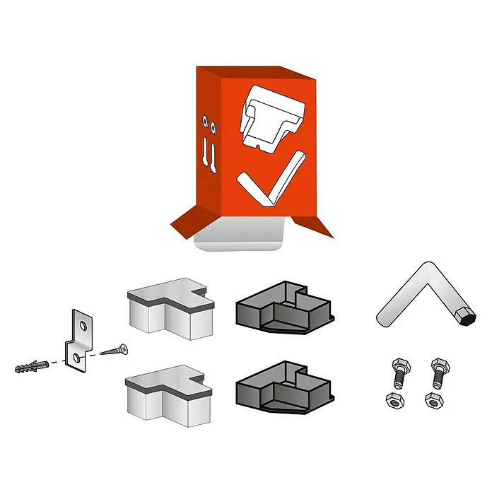 Scholz System Montage-Set - 2 Kappen, 2 Füße, 1 Steckschlüssel, 2 Schrauben, 2 Muttern, Dübel, 1 Wandbefestigung - Ein roter Karton mit Installationszubehör, inklusive Winkel, Schrauben, Dübel, Muttern und Unterlegscheiben.