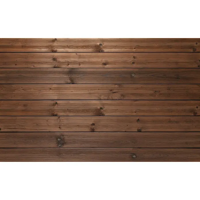 Terrassendiele - Kiefer, 300 x 14,5 x 2,8 cm, Teakfarben - Ein dunkler, warmer Holzterrassenboden mit feiner Maserung sorgt für eine rustikale und einladende Atmosphäre im Außenbereich.