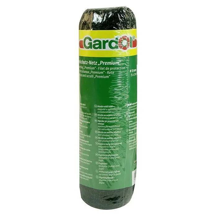 Gardol Vogelschutznetz Premium - 5 x 2 m - Das Bild zeigt eine Rolle "Gardiol Premium" Vogelschutznetz, das zum Schutz von Pflanzen vor Vögeln verwendet wird.