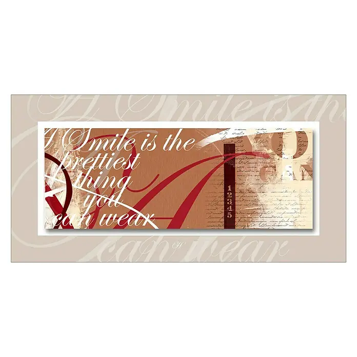 Cuadro - One To Five, An x Al: 100 x 50 cm - Un arte mural decorativo con la cita "A Smile is the prettiest thing you can wear" en un diseño moderno.