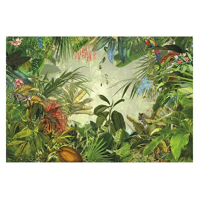 Komar Into Illusions Fototapete Into Wild - 4 -tlg., B x H: 368 x 248 cm, Vlies - Dschungeltapete mit üppiger Flora und Fauna, einschließlich Papagei, Tiger und Affe, die eine lebendige, exotische Atmosphäre schafft.