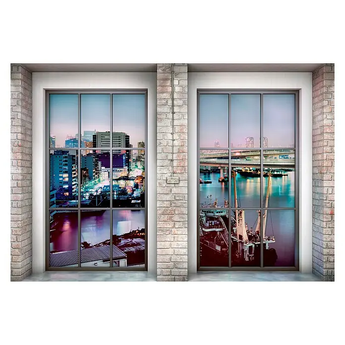 Komar Into Illusions Fototapete Loft4 -tlg., B x H: 368 x 248 cm, Vlies - Einblick in urbane Wunder durch ein Fenster: Lebhafte Stadtlichter und ruhige Gewässer verschmelzen in dieser fesselnden Wanddekoration.