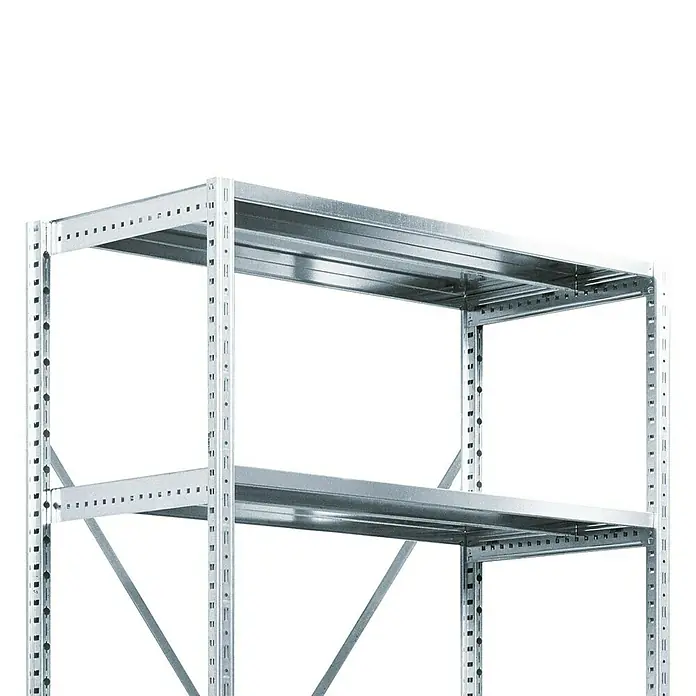 Scholz System Regalpfosten - Länge: 300 cm, Verzinkt - Nahaufnahme eines Metallregals mit zwei Regalböden, ideal für Lagerung und Organisation.