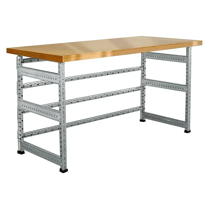 Scholz System Tischbein-Set - Länge: 72 cm, Verzinkt, 2 Stk. - Werkbank mit Holzplatte und grauem Metallgestell. Ideal für Werkstätten, Garagen und Hobbyräume. Robuste Konstruktion für schwere Lasten.
