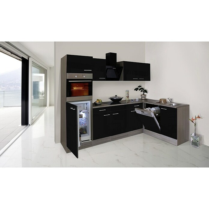 Respekta Winkelküche KBL280EYSS (172 x 280 cm, Schwarz Seidenglanz)