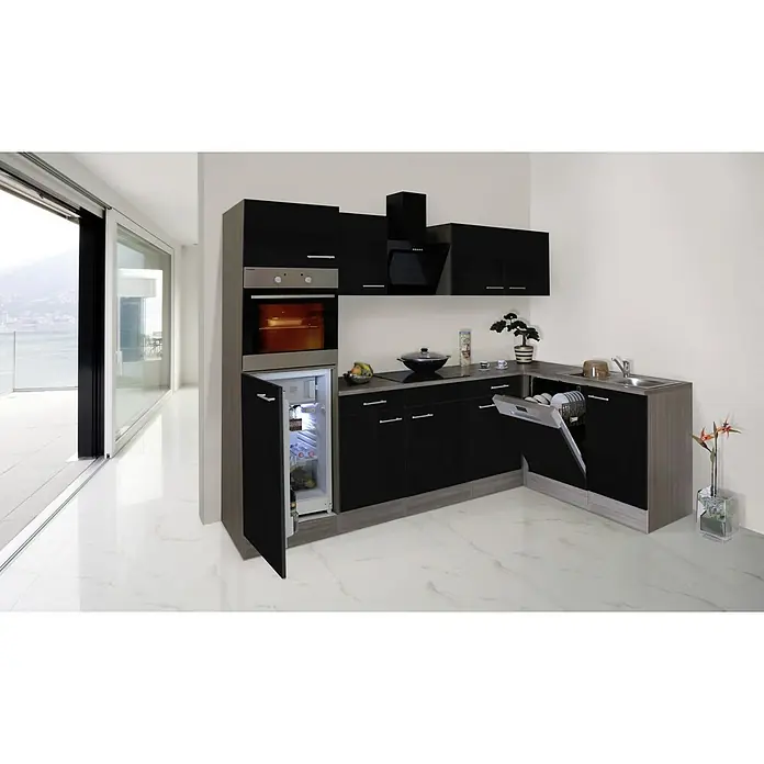Respekta Winkelküche Oliver - B x T: 280 x 172 cm, Schwarz, Mit Elektrogeräten - Elegante schwarze Küche mit integriertem Kühlschrank und Geschirrspüler, die modernes Design und Funktionalität vereint.