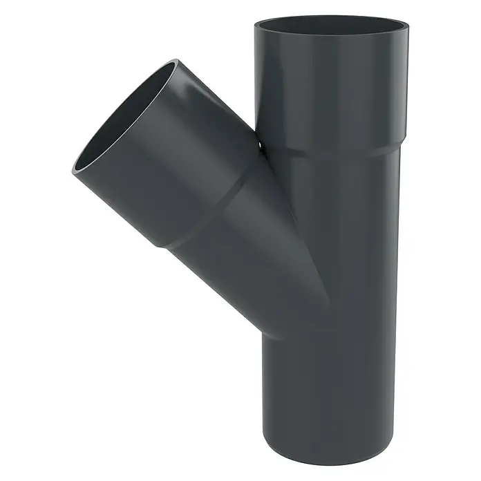 FunkeGruppe Fallrohrabzweig - 50/50 mm, Winkel: 45 °, Kunststoff, Anthrazit - Abzweigrohr aus Kunststoff in Grau, ein wichtiges Element für Sanitärinstallationen, das eine zuverlässige Verbindung in Abwassersystemen ermöglicht.