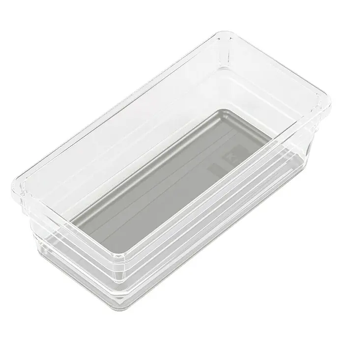 Sistemo Schubladeneinsatz - 15 x 7,5 x 5 cm, Transparent, Kunststoff - Eine durchsichtige rechteckige Kunststoffbox mit grauem Boden, ideal zur Aufbewahrung und Organisation von Gegenständen im Haushalt oder Büro.