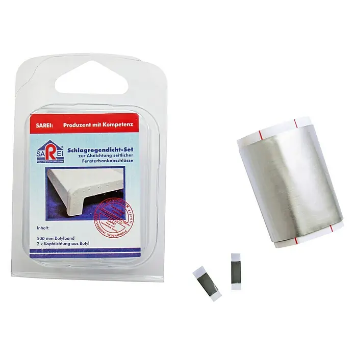 Sarei Schlagregendicht-Set - Passend für: Sarei Aluminiumfensterbänke - Bild eines SAREI Schlagregendicht-Sets zur Fensterbankabdichtung, bestehend aus Butylband und Kopfdichtungen.