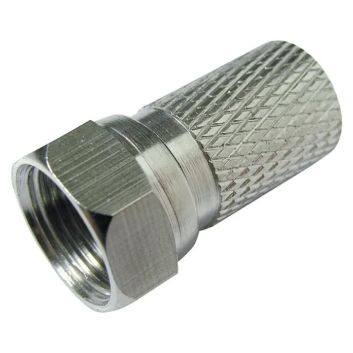 Schwaiger F-Stecker-Set Standard - 8 mm, 10 Stk. - Nahaufnahme eines silbernen F-Steckers mit Gewinde, der für Koaxialkabel verwendet wird. Ideal für TV- und Satellitenanschlüsse.