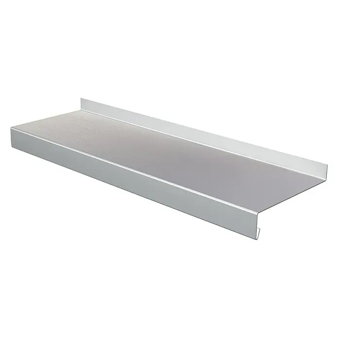 Sarei Fensterbank nach Maß - L x B: 300 x 26 cm, Aluminium, Weißaluminium/Silber - Nahaufnahme eines silbernen oder metallischen Regals, das in einem minimalistischen oder industriellen Design gehalten ist und Funktionalität verkörpert.