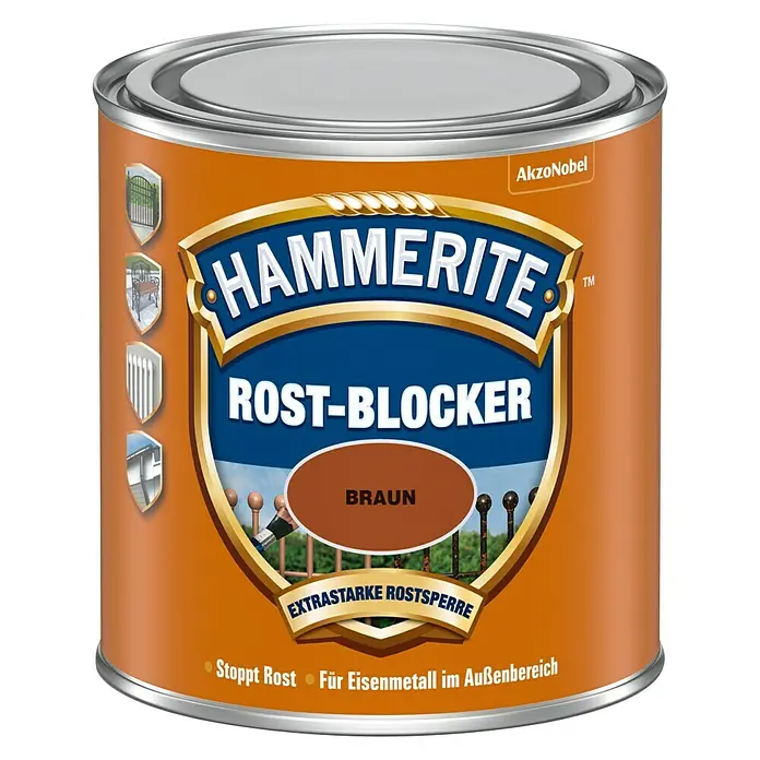 Hammerite Rost-Blocker - Braun, Matt, Lösemittelbasiert, 250 ml - Ein orangefarbener Farbtopf Hammerite Rost-Blocker Braun von AkzoNobel für Eisenmetalle im Außenbereich.