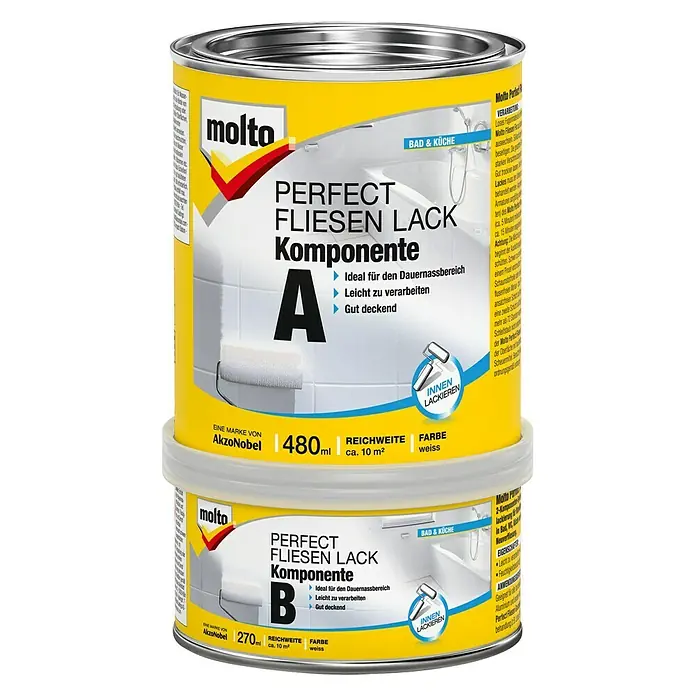 Molto Fliesenlack 2K Perfect - Weiß, 750 ml, Glänzend, Lösemittelbasiert - Zwei Dosen Molto Perfect Fliesenlack, Komponente A und B, für Bad und Küche, ideal zum Lackieren von Fliesen.