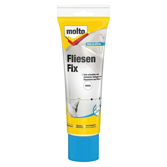 Molto Fertigspachtel Fliesen-Fix - 300 ml, Weiß - Abbildung einer Tube Molto Fliesen Fix, ideal zum schnellen und einfachen Reparieren von Fliesen in Bad und Küche. Trocknet in bis zu 12 Stunden.