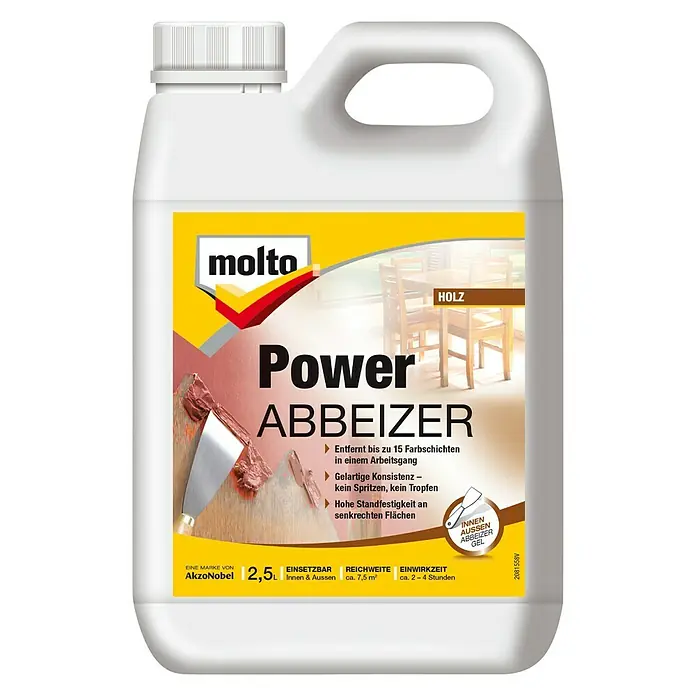 Molto Abbeizer Power - 2,5 l - Abbildung eines 2,5-Liter-Behälters Molto Power Abbeizer, einem leistungsstarken Abbeizmittel zum Entfernen von Farbschichten von Holzoberflächen.
